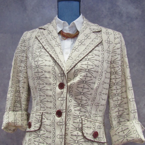 Jones Wear Beige w/ Brown Embroidery Blazer 10 - Picture 2 of 4